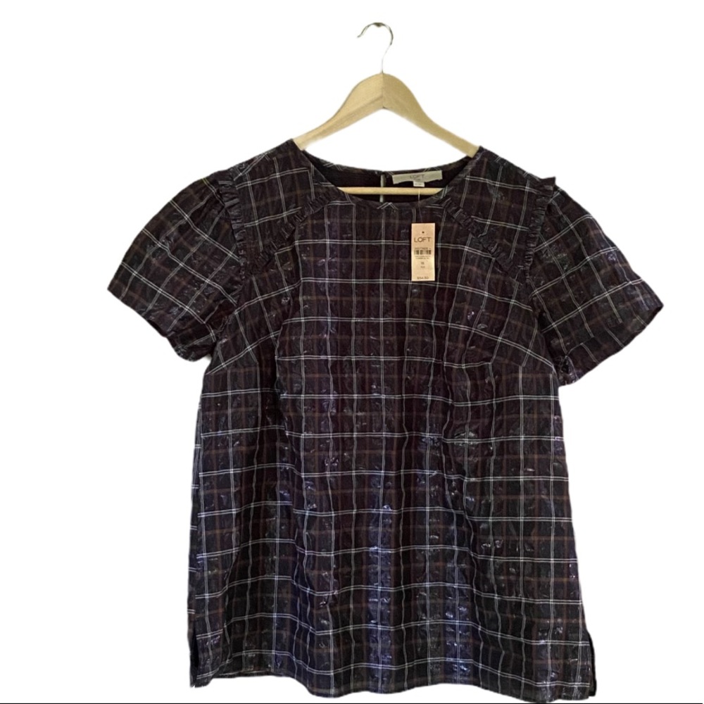 •LOFT shimmer plaid ruffle trim top NWT• Size 16 - Picture 4 of 12